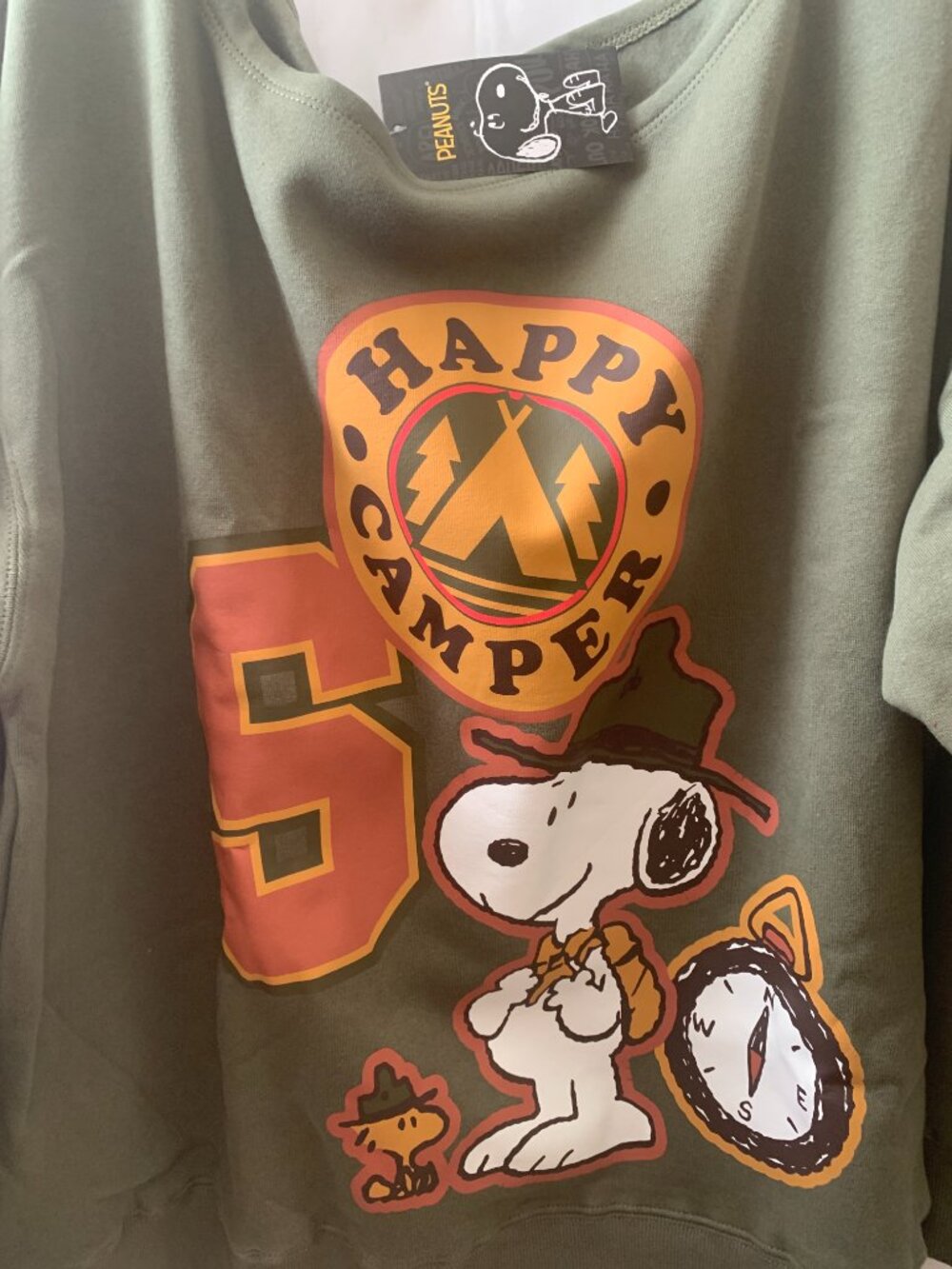 PEANUTS Snoopy & Woodstock Happy Camper Off the Shoulder Sweater Sz MEDIUM - Picture 2 of 4
